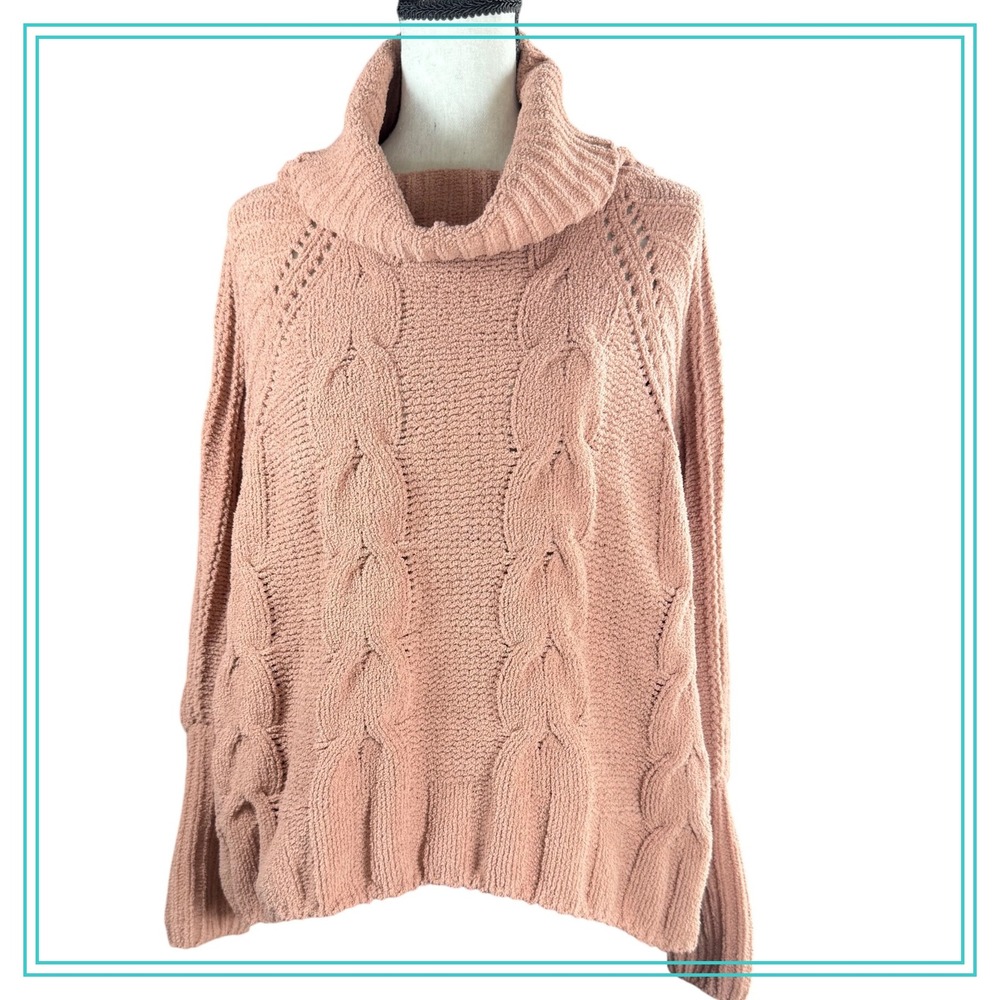 Womens Cowl Neck Cable Knit Pullover‎ Sweater Textured Pink Casual Top